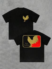 Playera de verano para hombre, estampado de gallo, cuello redondo, manga corta, 100 % algodón, 220 g, algodón grueso, cómoda