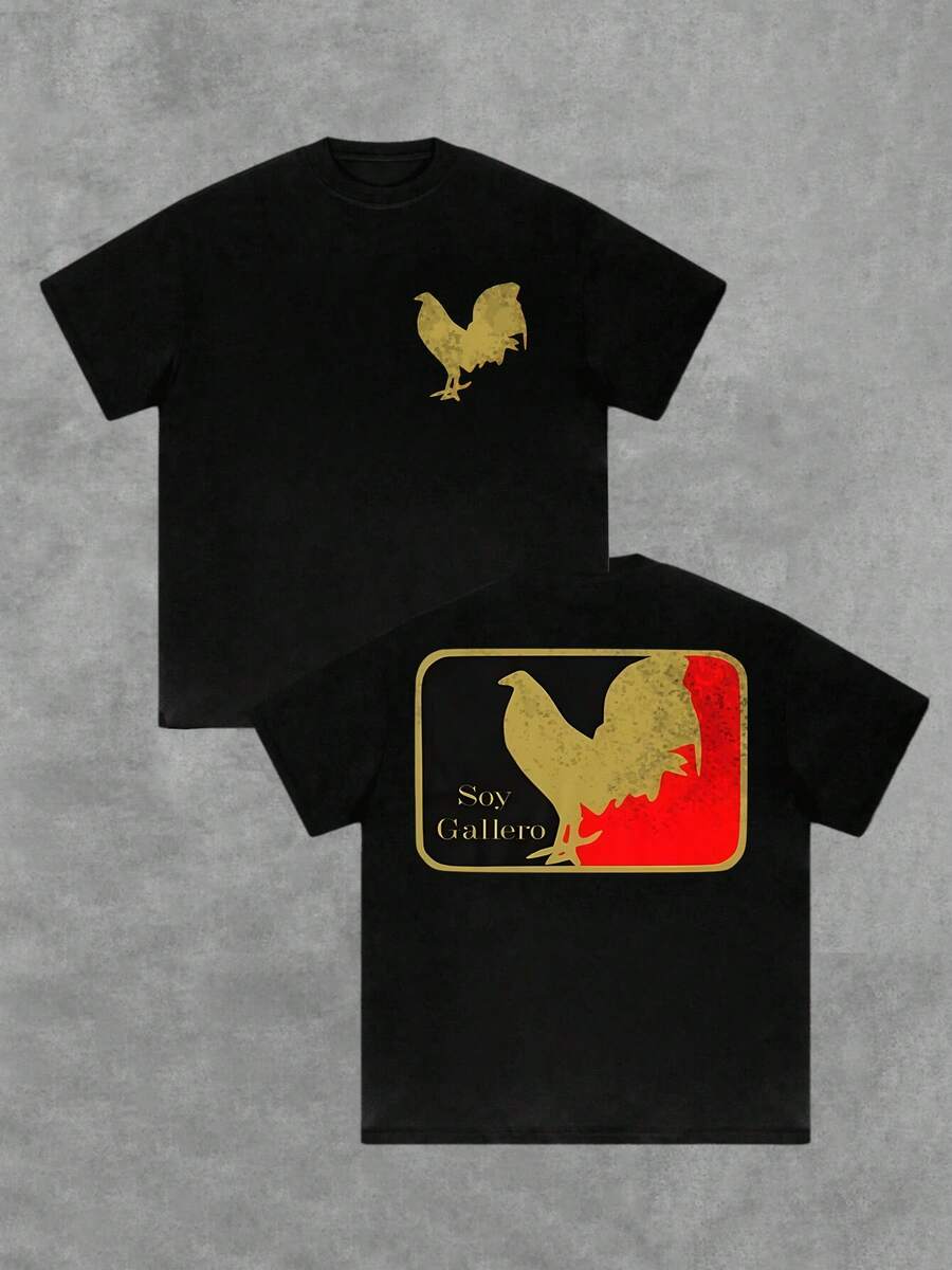 Playera de verano para hombre, estampado de gallo, cuello redondo, manga corta, 100 % algodón, 220 g, algodón grueso, cómoda