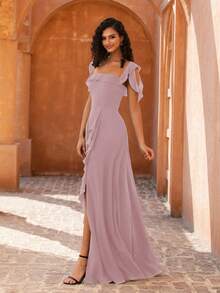 MOEVIO Gaun Malam Formal Wanita Elegan Model A-Line dengan Lengan Ruffle dan Bahu Terbuka, Belahan Paha Tinggi, Cocok untuk Acara Prom, Wisuda, Acara Pulang Kampung, Liburan, Musim Gugur dan Musim Semi - Dusty Pink - View 6