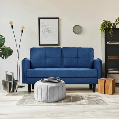 2 Seater Sofa, Modern Faux Lambswool Sofa Couch With Thicken Cushions, Comfy Sofa For Living Room Bedroom Office Apartment, Loveseat Sofa 2 Seater Settee With 2 Pockets, Blue