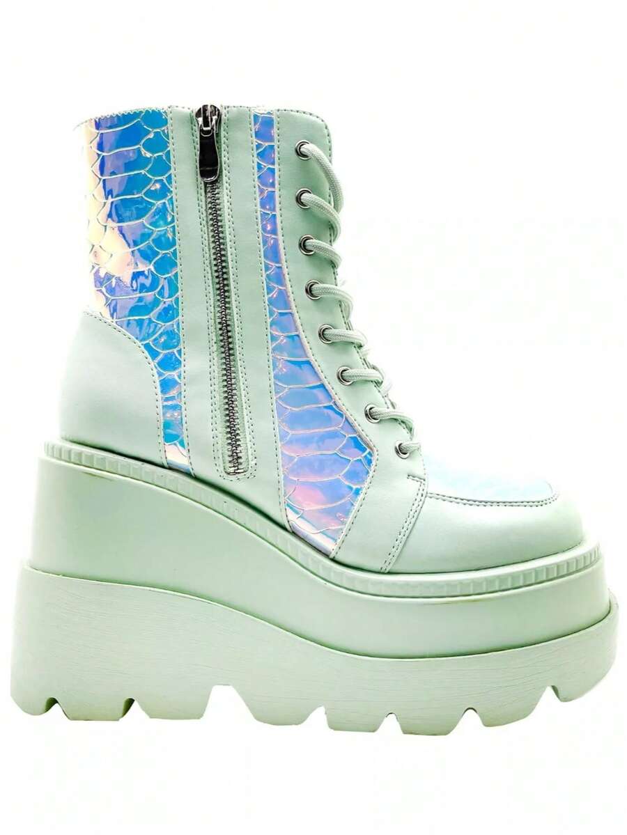 Radio-HoloRise Platform Boots – Futuristic Chunky Holographic Ankle Boots - Màu xanh chanh - Xem 1