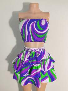 2pcs/Set Women Holiday Casual Colorful Print Tube Top And Ruffle Skirt,Summer Cute Set,Beachwear,Beach Outfits,Vacation Outfits Woman,Summer Outfit,Tropical Vacation Woman Clothes