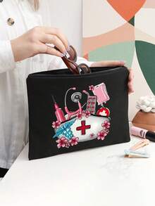 女士托特包 - 护士图案单肩包，便携手提包，手绳钱包，化妆包，零钱包，大容量购物袋，女士亚麻大容量手提包。大容量，购物袋。女士礼物，完美的节日单肩包，护士礼物，母亲节礼物，适合日常旅行、海滩度假、学校、大学、工作、商务、通勤、户外、度假 - 黑色 - 查看 7