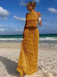 Women's Solid Color Backless Halter Neck Ruched Lace Trim Long Dress With Top Set,Semi-Sheer - trái cam - Xem 1