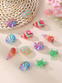 Set de 12 pinzas para el cabello con conchas y estrellas de mar para niñas, decoración para vacaciones y uso diario - Multicolor - Ver 12