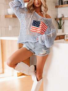 Women's American Flag Crochet Sweater Long Sleeve Hollow Out Lightweight Knit Hoodie 2025 Summer Beach Cover Up Tops - 淺藍色 - 查看 3