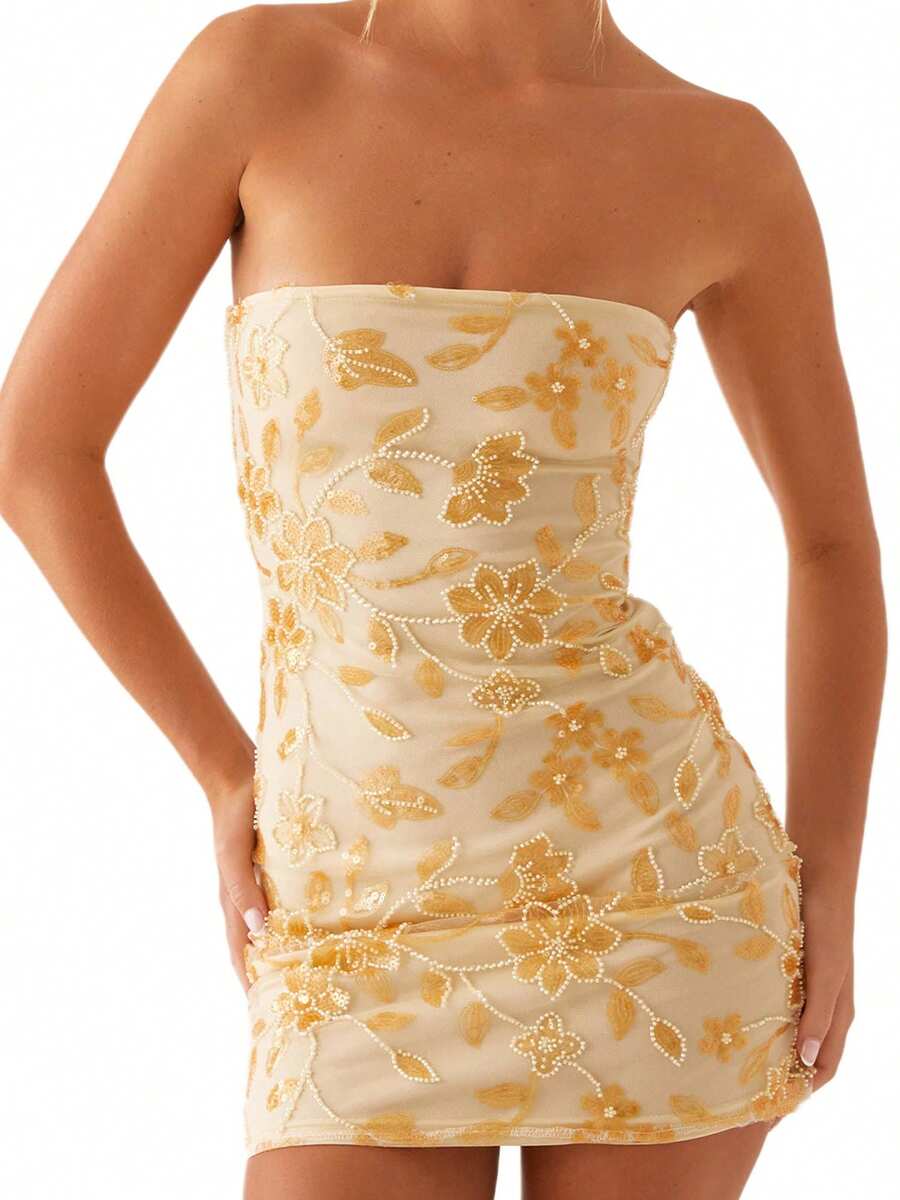 Women Beaded Floral Tube Top Dress Slim Sparkly Sequin Off Shoulder Sleeveless Open Back Mini Bodycon Dress