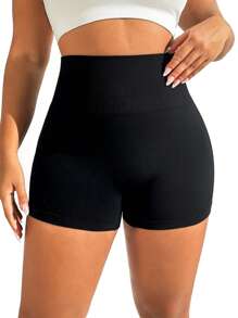 TNTOR Plus Size Women Solid Color Everyday Fitness Sports Shorts, Elastic Yoga Shorts, Figure Flattering High Waisted Slimming Workout Shorts, Gym Leggings, Black, Plus Size, High Waist Lifting Yoga Shorts, Tight Fit Quick Dry Exercise Shorts, Peach Butt Lifting Mid Waist Yoga Shorts, High Waist Design With Slimming Effect, Suitable For Cycling And Workouts, Tighten Hips Skinny Shorts, Comfortable For Fitness Enthusiasts