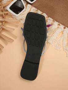 Flat Floral Strap Slide Sandals For Women, New Summer Fashion Dress Slippers, Elegant & Fresh, Suitable For Dates, Parties, Commute, Shopping, Gatherings, Beach - Silver - View 9