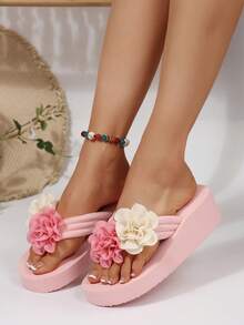Dép đi biển đế dày chống trượt mùa hè màu hồng cho nữ, dép cao gót quai chữ T, thích hợp cho ngoài trời, trong nhà, bãi biển, đám cưới, kỳ nghỉ - Hoa màu hồng và trắng - Xem 2