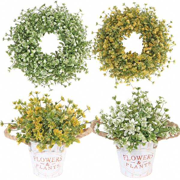 Set de 2 plantas artificiales, corona floral artificial con maceta de hierro retro, decoración colgante para puerta delantera de fiesta, decoración simulada de primavera para tema de primavera/verano, corona de vela para mesa de comedor (vela no incluida), maceta de hierro para mesa de comedor