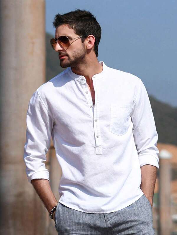 NITAGUT Chemise à manches longues à col à demi-ouvert, style décontracté, grande taille pour hommes