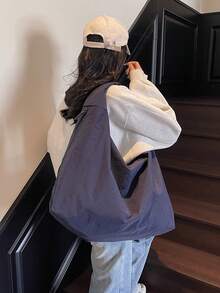 2025新款海军蓝尼龙布包大容量纯色单肩包日韩休闲风大学生手提包百搭简约轻便可折叠侧边双拉链口袋时尚实用通勤旅行手提包 - 藏蓝色 - 查看 4