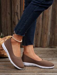 休闲刺绣透气一脚蹬平底鞋，夏季新款棕色圆头户外步行鞋，时尚百搭舒适轻便帆布鞋 - 咖啡棕 - 查看 4