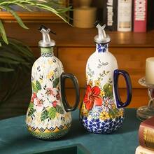1 pieza Dispensador de aceite de cerámica, bomba de aceite de oliva de cerámica pintada a mano y asa, botella de aceite de cocina, patrón floral elegante, gran capacidad, accesorio de cocina, adecuado para la decoración de la cocina del hogar - Multicolor - Ver 6