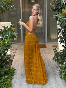 Women's Solid Color Backless Halter Neck Ruched Lace Trim Long Dress With Top Set,Semi-Sheer - trái cam - Xem 9