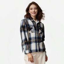 Camisas de manga larga de mujer a cuadros de lana, camisas de pareja, chaquetas blusas de mujer de primavera y otoño. - Azul y blanco - Ver 2