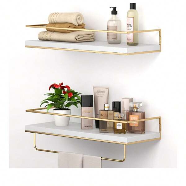 2pcs Set Farmhouse Style Floating Shelves - Wall Mounted Shelving With Gold Towel Bar, Decorative Storage Rack For Bathroom, Kitchen, Living Room, Bedroom