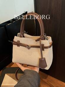 BELLEBORG 高品质休闲拼色复古帆布皮革扣托特包手提包，适合通勤女性 - 咖啡 - 查看 4