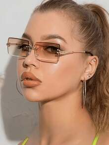 1pc Frameless Rectangle Metal Fashion Glasses, Available In Brown & Black Colors, Fashionable For Daily Life, Outdoor Travel & Beach For Summer Beach Vacation,Outdoor,Travel - Brown - View 13