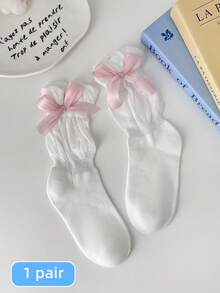 1 Pair Girls Thin Long Socks With Bow Lace Details, Princess Style Solid Color Mid-Calf Socks For Teens And Children - Multicolor - View 13