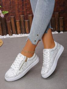 Zapatos deportivos casuales de mujer en color plata, diseño clásico con cordones y cremallera lateral, atuendo exterior sencillo, zapatos casuales cómodos (corren un tamaño talla grande pequeño)