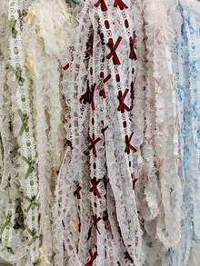 1 码法式双层缎带刺绣蕾丝花边，配可爱蝴蝶结，DIY 婚纱材料，用于服装、发饰、家居装饰的织物蕾丝丝带，多色可选