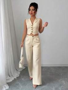 Traje de chaleco elegante y pantalones de pierna recta para mujer - Beis - Ver 6