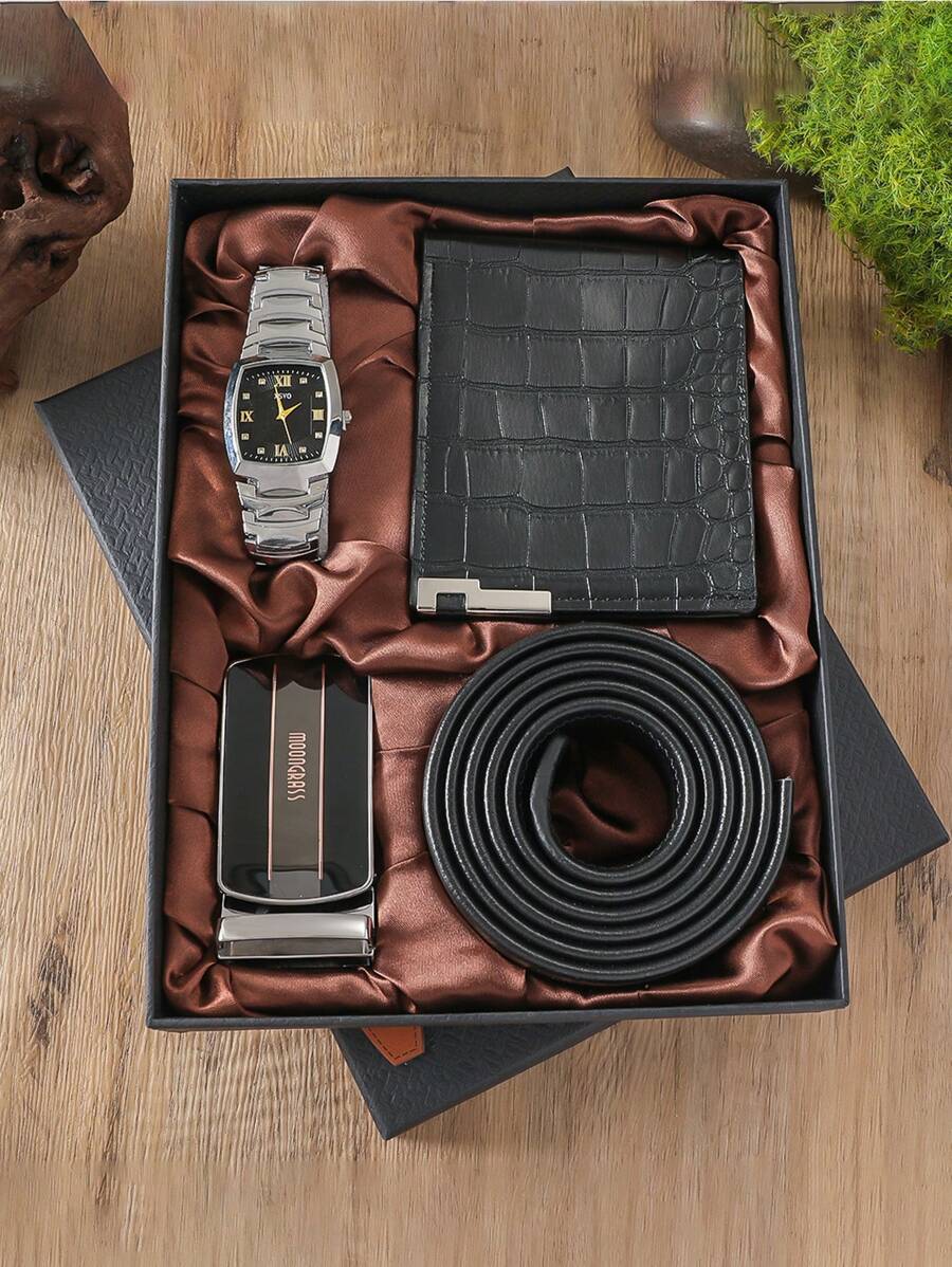 Set de regalo de 3 piezas: 1 reloj de pulsera de acero con esfera de números romanos, 1 billetera casual y 1 cinturón elegante, para el Día del Padre