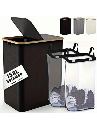 Large Capacity Laundry Basket With Lid And Handles, Portable, Removable Inner Bag, Bamboo Handle Clothing Basket, Suitable For Dorm, Bedroom, Bathroom Storage & Organization, Foldable Laundry Hamper, Recycling Bin, Classic Style, Multiple Components, Rectangular Shape, Fits Various Room Types, Laundry Basket