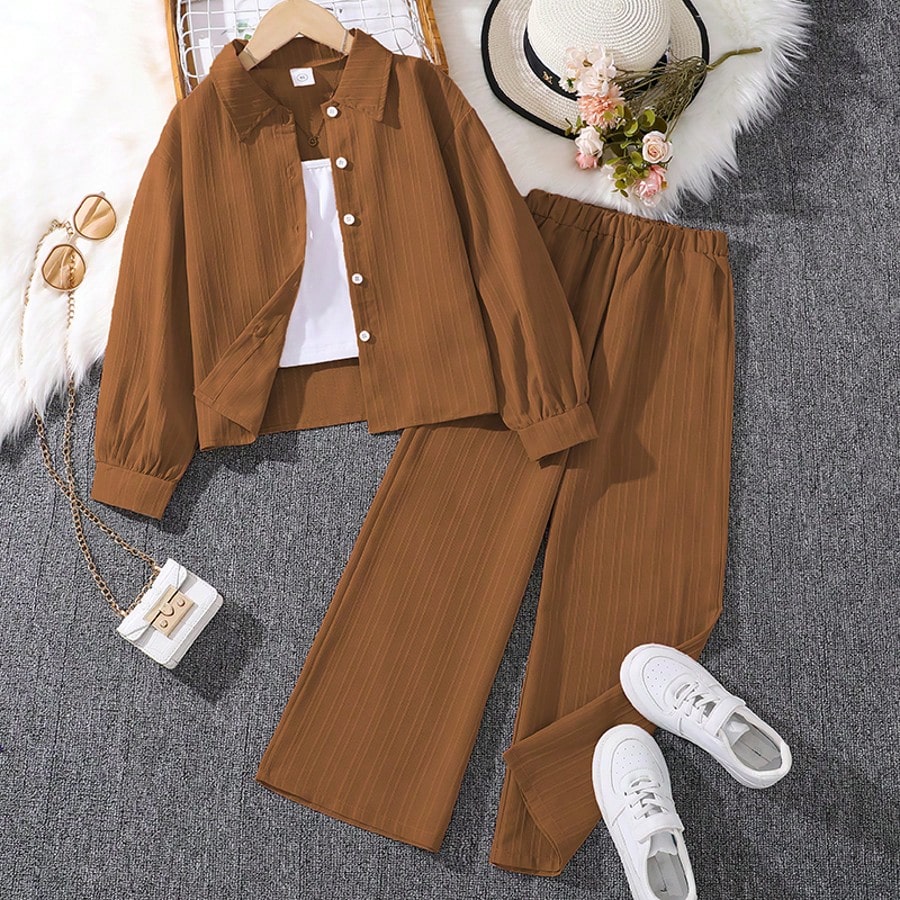 Piezas Conjunto de Niña (Tallas Grandes) - Camisa de Manga Larga con Cuello y Pantalones, Nuevo Estilo para Otoño