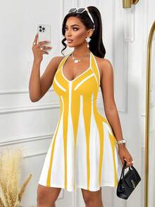 AIJ Amarilo 女士夏季黑白撞色露背迷你 A 字连衣裙（印花图案） - 查看 6