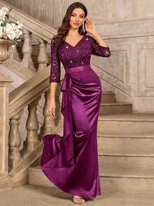 MIUSOL Elegancka sukienka maxi z dekoltem w serek, koronką i cekinami, falbanką i satynowym wykończeniem, rękawami 3/4, na wieczorne przyjęcie - Kasztanowy - Zobacz 6