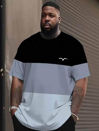 大码男式宽松三条纹短袖 T 恤，休闲夏装，大码