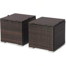 Wicker Outdoor Storage Ottoman, 2-Piece Rattan Footstool W/Removable Cushion, Multipurpose Footrest Stool Side Table Additional Seating, Set Of 2 Outdoor Ottomans For Patio Deck - Turquoise - View 5