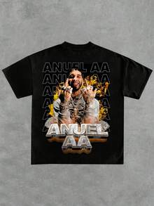 Camiseta de hip-hop de moda, "ANUEL AA" con llamativas palabras tridimensionales, cuello redondo, manga corta, 100% algodón, 220 gramos de algodón grueso. - Negro - Ver 3