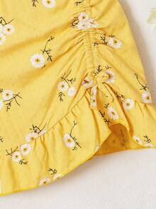 Young Girl Plaid Strap Summer Dress With Floral Print & Ruffle Trim, Fresh Design, Must-Have - Yellow - View 6