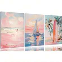 3 pièces Peintures sur canevas murales roses style côtier, images de voilier rose et de planche de surf. Décoration murale de plage chic pour chambres d'ado, appartements et maisons. Prêtes à accrocher. Ensemble de 3 pièces dans un cadre haut de gamme créant une atmosphère murale