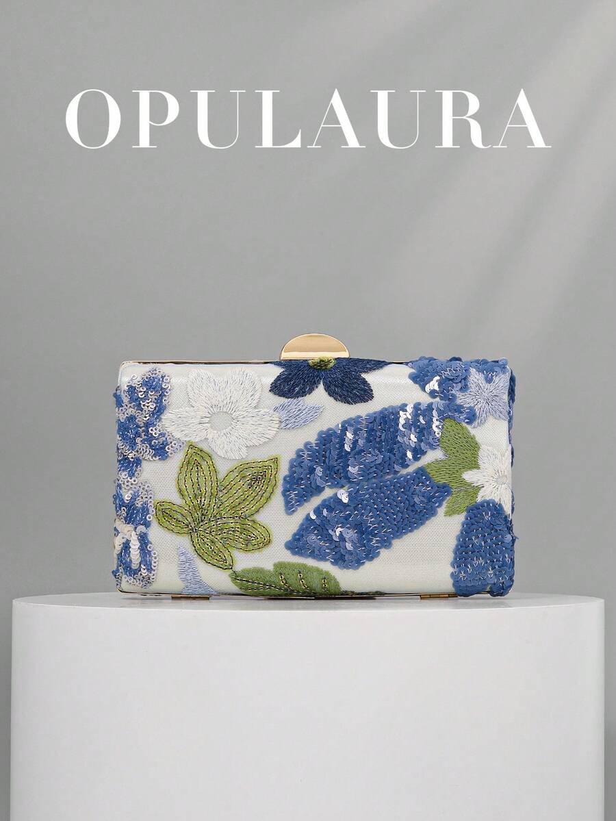 OpulAura Sequin Embroidered Floral Box Clutch Bag, Women Fashion Sequin Patchwork Handbag, Party Evening Bag, Random Cut, Suitable For Females, Fit For Party, Wedding, Prom, Vacation. Ideal For Party, Wedding, Prom, Evening/Gala, Match With Holiday Party Dress, Evening Gown, And Sequin Dress., Sparkling Sequin Bags Ladies Elegant