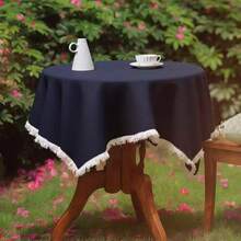 1pc Multi-Size Minimalist Artistic Black Plain Tassel Lace Tablecloth, Suitable For Wedding, Valentine's Day And Home Decor - Black - View 6