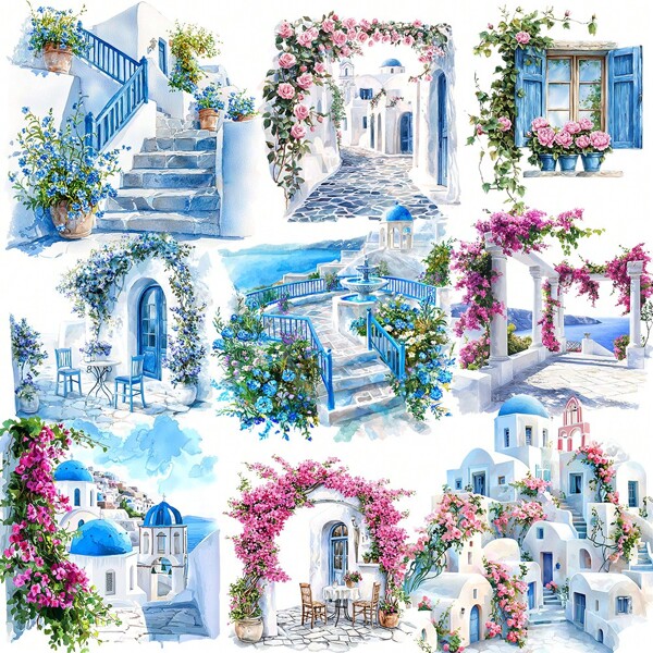 1 Pack Vintage Santorini Island Scrapbooking Decoration Stickers For DIY Diary, Photo Album, School Supplies Craft Materials