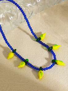 1 件独特的法国浪漫 ZAR 风格黄色手工玻璃柠檬吊坠项链，可爱串珠夏季水果柠檬项链 - 藍色黃檸檬NK - 查看 6