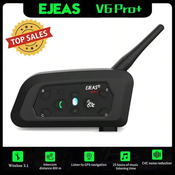 Auriculares EJEAS V6 PRO+ V6 Plus Bluetooth con interfono para casco de motocicleta - Carga tipo C, comunicador inalámbrico MP3 para hasta 6 conductores, rango de 800m e IP67 resistente al agua