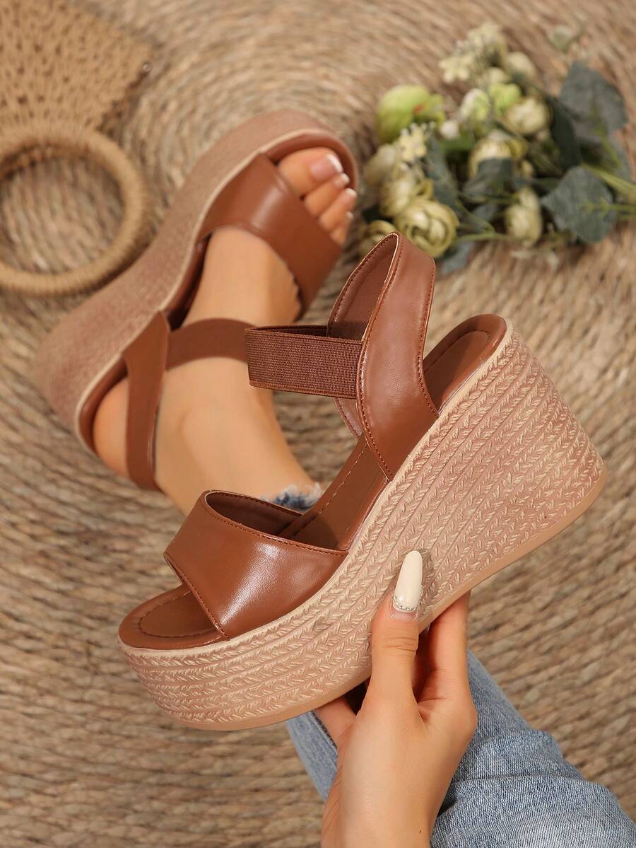 Spring/Summer New Platform Wedge Sandals, Woven Design, High Heel Vacation Beach Slides, Thick Sole Dress Sandals For Women, Brown Strap Open Toe Straw Wedge Sandals, Elastic Ankle Strap Thick Bottom Holiday Style Summer Shoes For Women - 棕色 - 查看 1