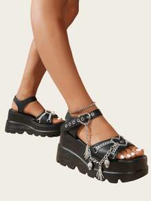 New Black Summer Slope Heel Shoes For Woman Thick Bottom Women's Punk Fashion Sandals For Women Casual Slippers Comfortable Shoes Women's Gothic Style Cross Chain Detail Platform Sandals Summer Shoes - 黑色 - 查看 8