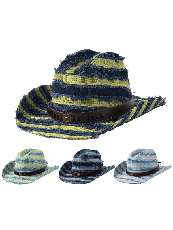 1pc Contrast Color Casual Polyester Denim Hat, Distressed Aged Copper Ox Logo, Woven Criss-Cross Stitching, Narrow Brim Solid Color Strap, Striped Color Blocking, Summer Denim Cap
