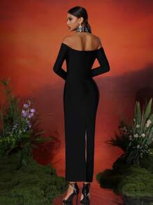 Love Aing Robe de soirée de mode pour femme à manches longues, avec cristaux faits à la main, contraste de maille, dos nu, fente à l'ourlet, pour soirée de gala, mariage, cérémonie, tenue de soirée