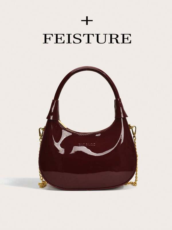 FEISTURE 1 Piece, Patent Leather Fabric Hand-Carrying Crescent Bag, Fashionable Zipper Closed Handbag, Metal Chain One-Shoulder Crossbody, Suitable For Girls, Ladies, College Students, Newcomers And White-Collar Workers, Very Suitable For Work, Business, Commuting, School