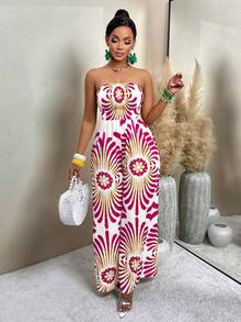 AIJ Amarilo Women's Sexy Vintage Floral Print Pleated Wide Leg Jumpsuit (Random Print), Summer - Hot Pink - View 4