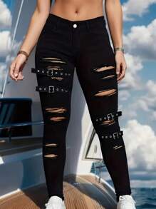 Music Festival Style Ladies Black & White Contrast Buttoned Western Denim Jeans